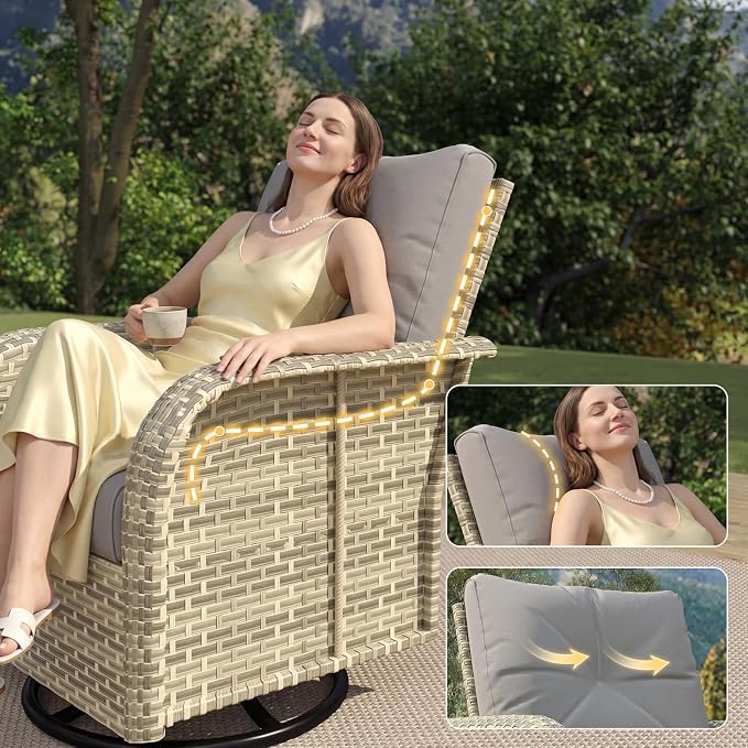 LazySunsets 7 Piece Outdoor Patio Furniture Set with 44'' Fire Pit Table, Wicker Rattan Outdoor Furniture with High Back Swivel Rocker Chairs, Outdoor Sofa Set with Thick Cushions, Grey