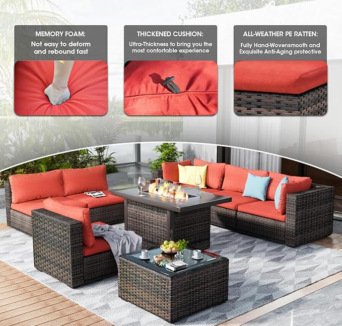 7 Pieces Outdoor Patio Furniture Set Wicker Sectional Sofa with Cushions & Tea Table Patio Rattan Conversation Chair Sofa Set Red…