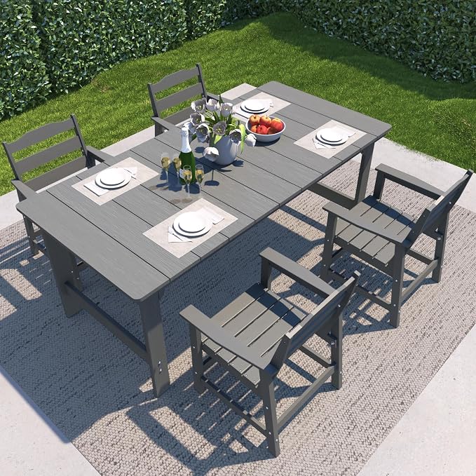 THOEOE 5 Piece Outdoor Dining Set, Patio Dining Table and 4 Chairs, All-Aluminum Frame, All-Weather HDPE Outdoor Furniture with Umbrella Hole for Garden, Lawn, Poolside, Grey