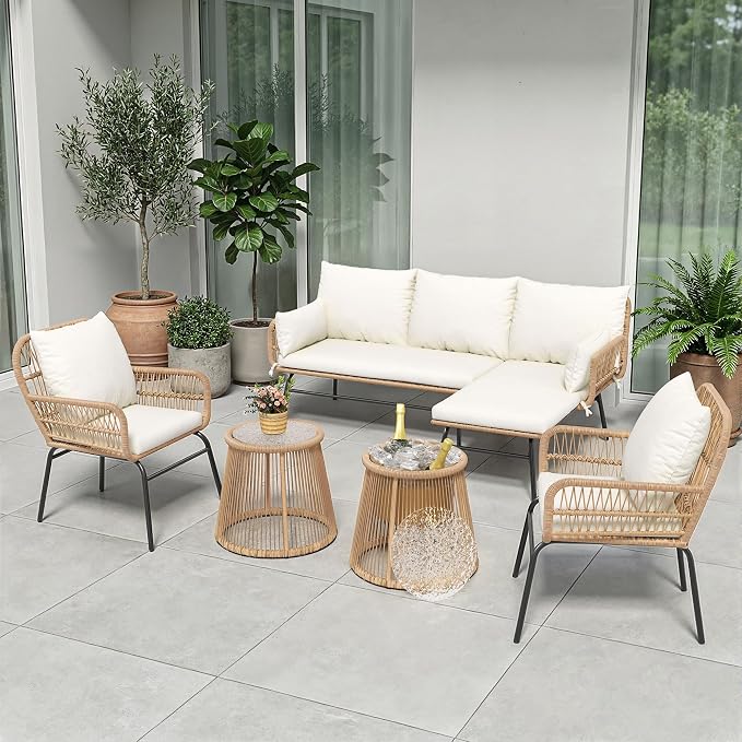 6-Piece Boho Outdoor Patio Furniture Set, L-Shaped Wicker Sectional Sofa with Ice Bucket Table & High Back, Sturdy 500lbs Frame for Garden Balcony Deck or Backyard, Beige