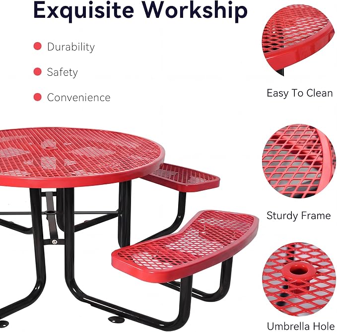 Heavy Duty Picnic Table for Outdoors 3200 lbs Load All Metal Dining Table with Umbrella Hole up to 1.5", Round Camping Table for Commercial Picnic Table with Benches, Red