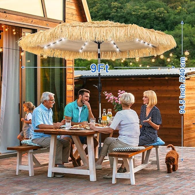 9 ft Tiki Umbrella with 32 LED Lights, Outdoor Patio Umbrella with Solar Lights, Tropical Vibes Thatched Umbrellas with 8 Ribs, Tilt Adjustment, Manual Crank, UPF 50+ for Pool, Beach, Backyard,Garden