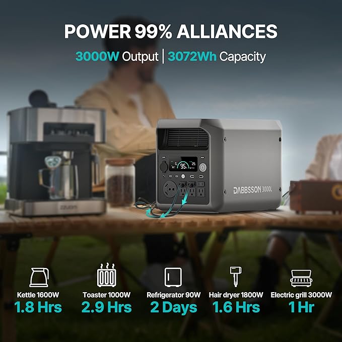 DABBSSON 3072Wh Solar Generator with 420W Solar Panel, Semi-Solid LiFePO4, 3000W AC Output 6,TT-30 1 for Charging RV,P-Boost 3600W,Lightweight,1.3X Runtime, 3000L Power Station for Camping Home Backup