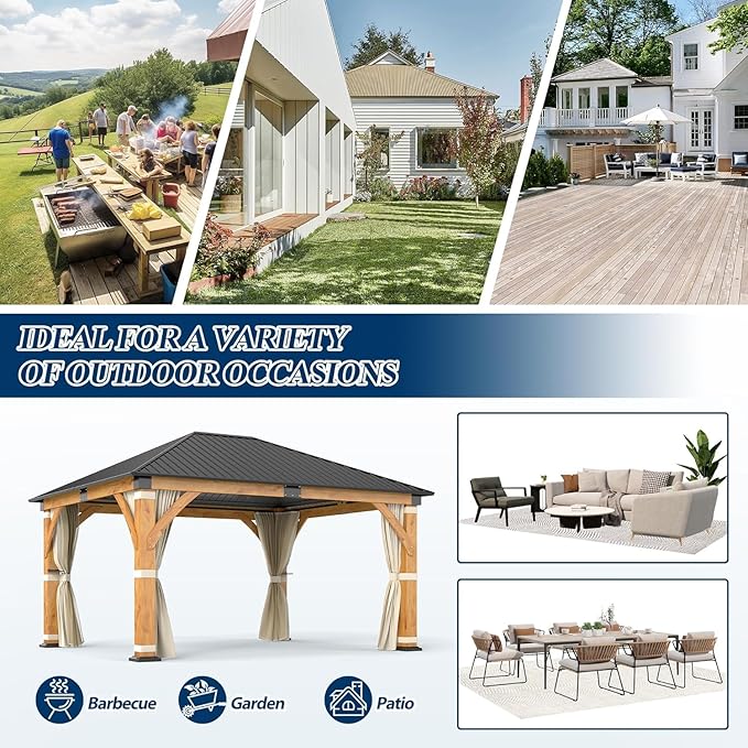 COVERONICS 13FT x 15FT Outdoor Spruce Wood Gazebo - Patio Wooden Frame Gazebo with Galvanized Steel Roof, Heavy-Duty Hardtop Gazebos with Netting & Curtains for Garden, Poolside, Deck, Backyard