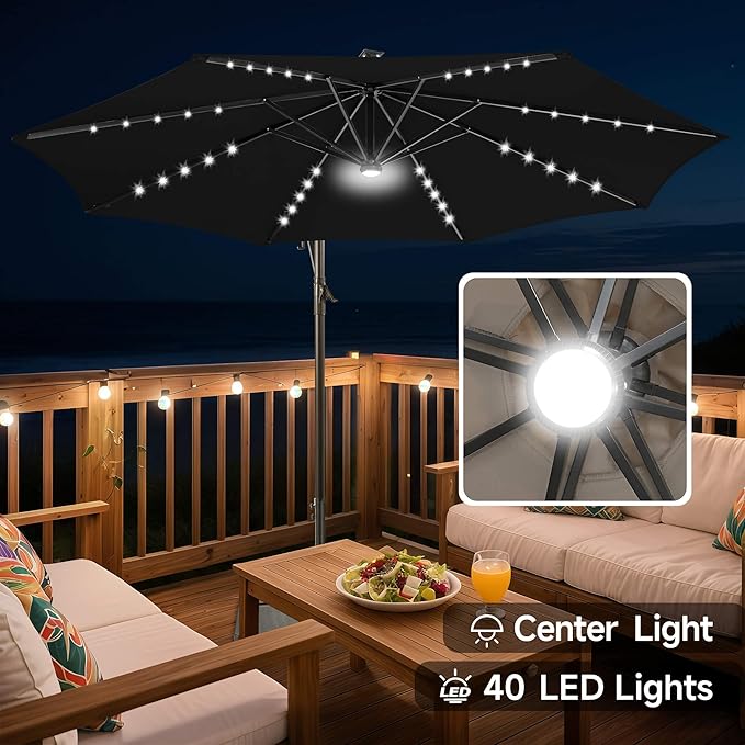 FLAME&SHADE 10ft Solar Cantilever Umbrella with 40 LED Lights, Lighted Large Offset Outdoor Patio Umbrellas, 8 Sturdy Ribs, UPF50+ UV Protection for Pool Deck Garden Yard, Black