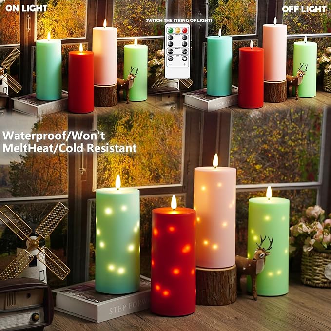 kakoya 10" x 4" Large Outdoor Waterproof Flickering Flameless Candles with Timer,2Pcs Battery Operated LED Pillar Candles with Embedded Star String for Outdoor Lanterns,Porch,Patio Decor(red)