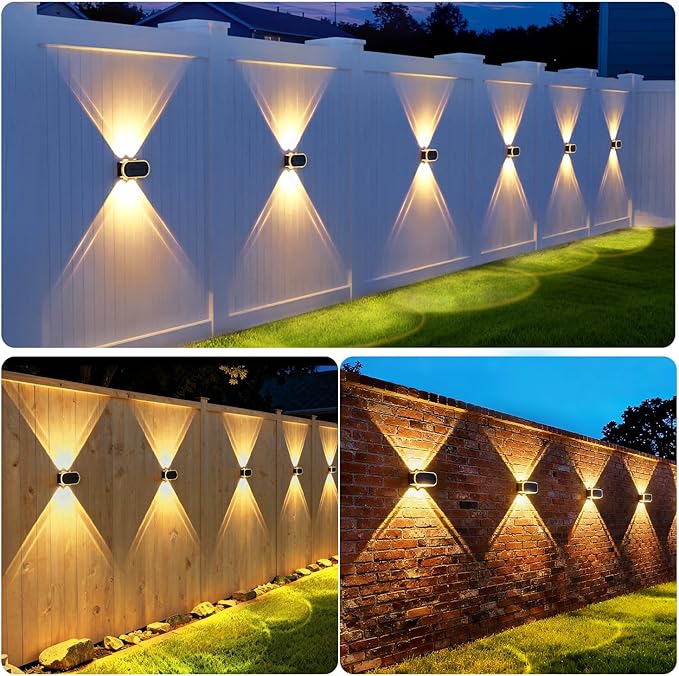 Ellasay Fence Lights Solar Powered: Outdoor LED Wall Lighting Dual Beam and 3 Color Modes IP65 Waterproof 12H Long Lasting Easy Mount for Garden Patio Backyard 4 Pack