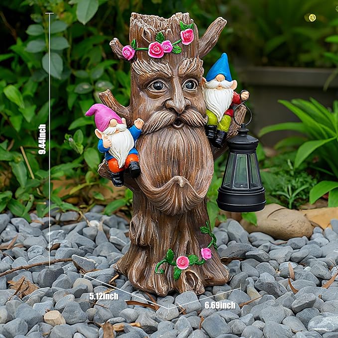 Joint Honglin Whimsical Tree Ent Garden Statue with Gnomes – Solar Powered Outdoor Decor with LED Lantern, Funny Yard Ornament for Lawn, Patio, Porch, or Garden