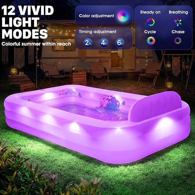 Extra Large Inflatable Pool with Lights,Upgraded Solar Powered Blow Up Pool for Adults,Inflatable Kids Swimming Pool with Seat& Backrest,Big Inflatable Kids Pool for Backyard,120x73x20IN-Blue