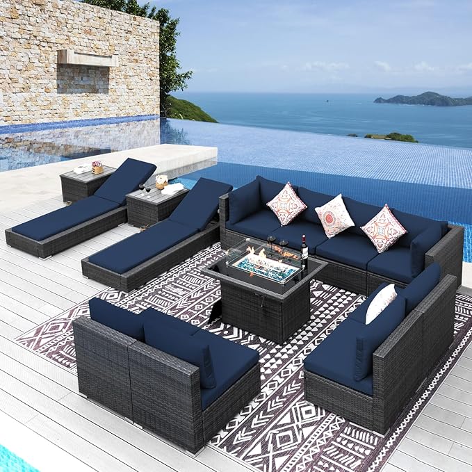 NICESOUL 13 Piece Outdoor Sectional w/Fire Pit Table, Luxury Modular Patio Furniture Set w/Chaise Lounge, Plus 29.3'' High-Back Seating Sofa, All-Weather Deck Couch for Poolside, Yard, Grey & Blue