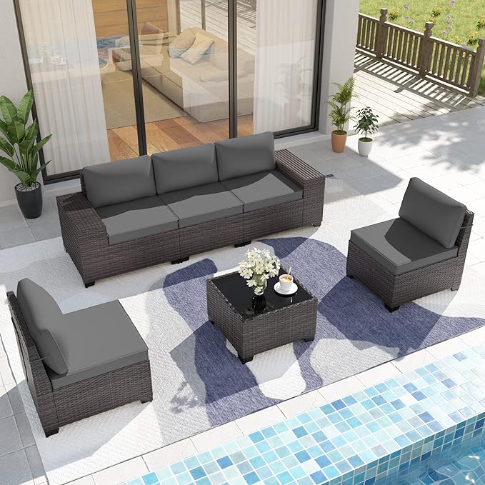 Patio Furniture Set Sofa 6-Pieces Wicker Sectional Sofa Set, Outdoor Furniture Rattan Patio Conversation Set with Thickened Cushion and Glass Coffee Table, Grey