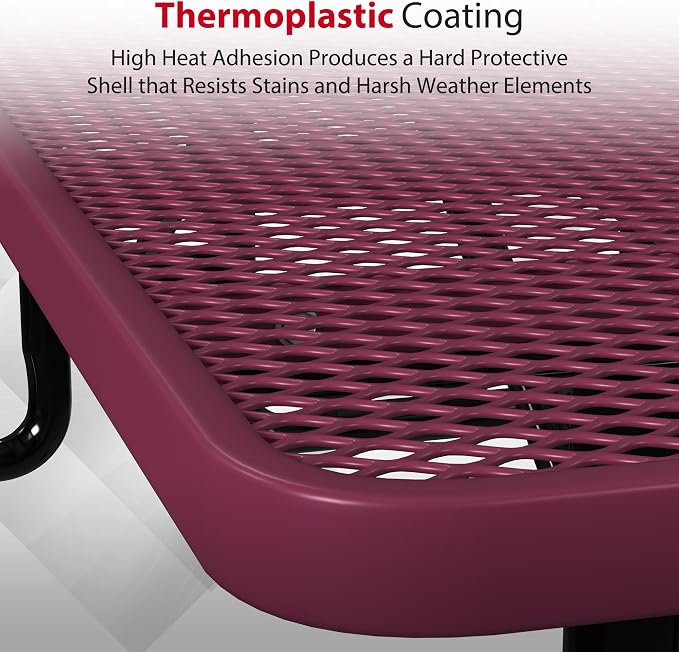 Leisure Craft Metal Picnic Table with Bench - 8 ft Rectangle Outdoor Dining Table for 8, Umbrella Hole, Weatherproof Heavy Duty Thermoplastic Coating, Commercial Grade Furniture Made in USA - Burgundy