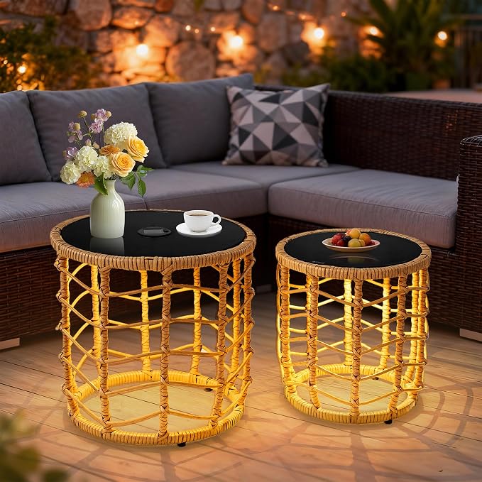 PROHIKER Solar Nesting Tables with Built-in Lights Set of 2, Outdoor PE Rattan Side End Table, Coated Steel Frame, 250lbs Capacity, All Weather for Patio, Porch, Garden, Balcony, Indoor