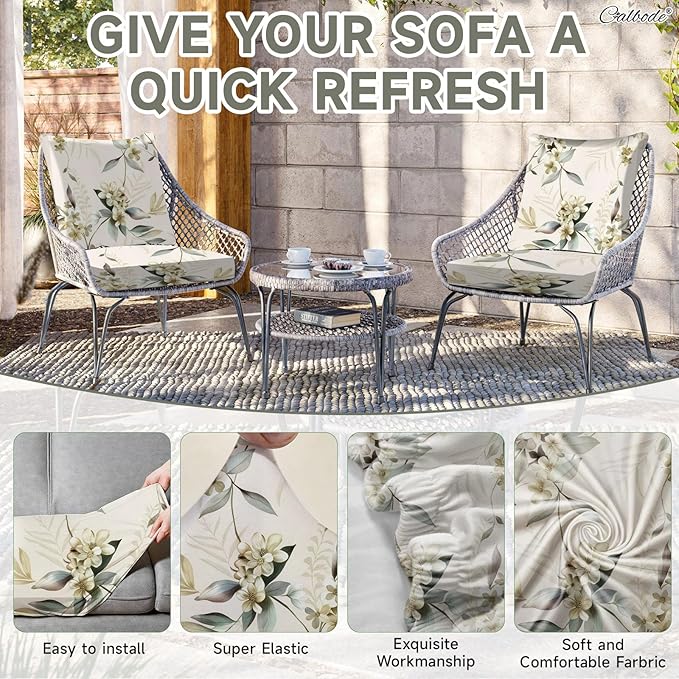 CALBODE 12 Pcs Stretch Outdoor Seat Cushion Covers, Washable Chair Seat Cover for Patio Furniture Cushions Soft Indoor and Outdoor Couch Cover Replacement (Beige Botanical, Cover Only)