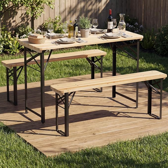 COSTWAY Folding Picnic Table, Foldable Fir Wood Picnic Table with Benches Set for 4 People, Wooden Beer Table Metal Frame for Outdoor BBQ Party, Garden, Backyard