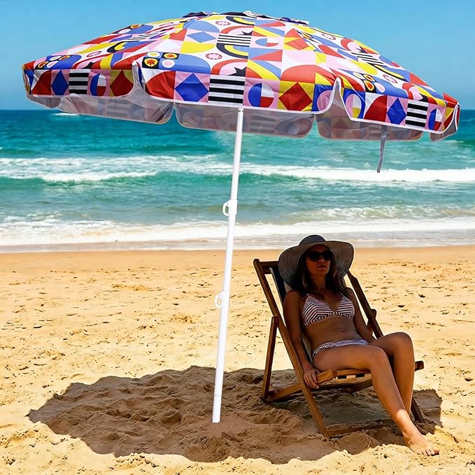 LOTTAFUN 6ft Beach Umbrella - Heavy Duty Wind Resistant UV 50+ Portable Sun Shade with Sand Anchor & Carry Bag, Outdoor Folding Umbrella for Beach, Pool, Patio, Garden (Print Flower) No tilt The sand needs to exceed the spiral 6inch