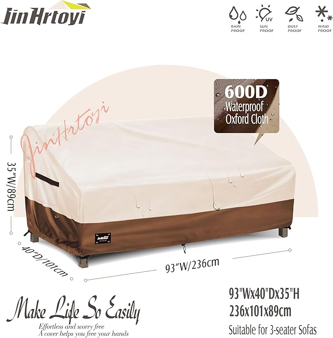 JinHrtoyi 3-Seater Outdoor Couch Cover, 93Wx40Dx35H inches Outdoor Furniture Covers Waterproof,100% Waterproof Heavy Duty Patio Furniture Covers,Beige&Brown Modern Style Outdoor Sofa Cover