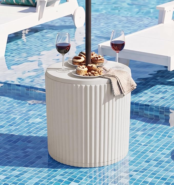 SERWALL Round Outdoor Umbrella Side Table Set of 2 - Outdoor Patio Table with Umbrella Hole for Porch/Patio/Poolside, Beige
