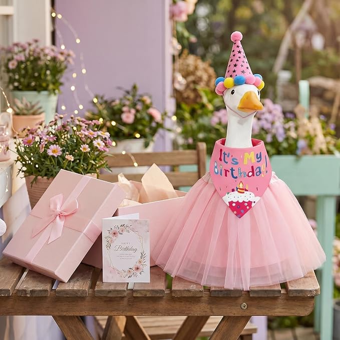Birthday Porch Goose Outfits - 3Pcs Goose Outfits with Hat, Happy Birthday Bandana and Pink Tutu Skirt for 23 Inch Goose, Birth Party Goose Outfits Porch Goose Decor for Outdoor Garden Yard Patio