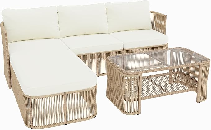 Outdoor PE Rattan Patio Furniture Set Sectional Sofa with Iron Frame, All-Weather Wicker Conversation Set with Thick Cushions and Coffee Table for Garden Backyard Balcony