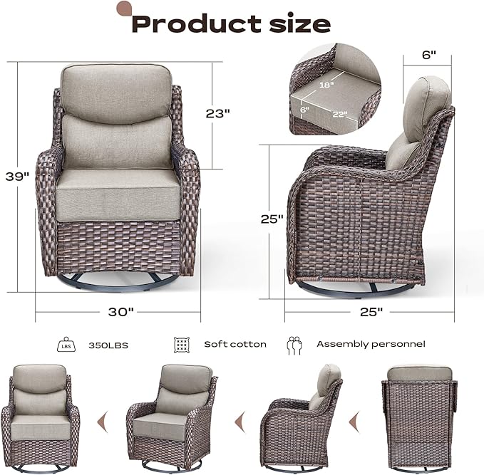 Rilyson Outdoor Patio Furniture Set - Weather Resistant Wicker,High Back,6 inch Cushions,6 Piece Patio Furniture Set with Swivel Rocker Chairs and Side Table for Deck Porch Yard,Brown/Beige