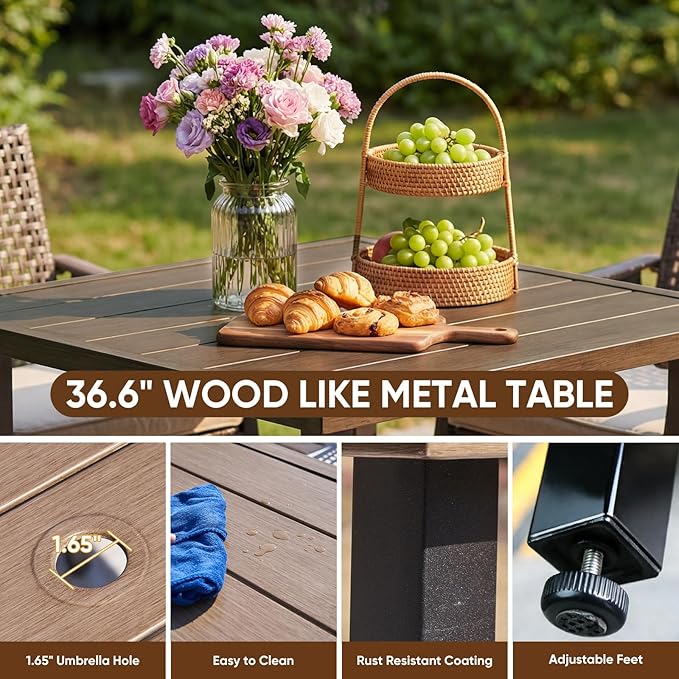 Natural Expressions Outdoor Dining Set,Patio Table and Chairs Set with 4 Wicker Rattan Chairs with Cushion, 5 Piece Patio Dining Set for 4,36.6" Woodgrain Table,1.65" Umbrella Hole,Patio Sets for Yard