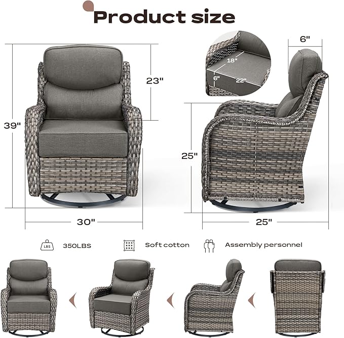 Rilyson Outdoor Patio Furniture Set - Weather Resistant Wicker,High Back,6 inch Cushions,3 Piece Patio Bistro Set with Swivel Rocker Chairs and Side Table for Deck Porch Yard,Mixed Grey/Grey