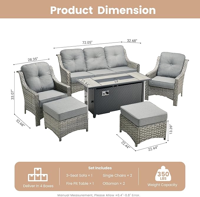 HOOOWOOO Patio Furniture Set,6 Pieces Wicker Outdoor Furniture,High Back Conversation Set with All Weather Resistant Fire Pit Table Couch Chairs Ottomans,Dark Gray