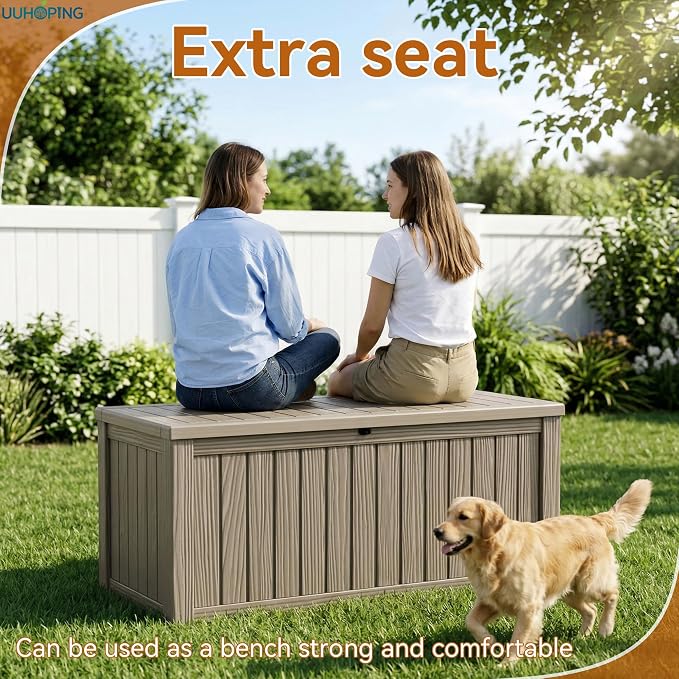 150 Gallon Outdoor Deck Box, Resin Waterproof Storage Box With Lockable Lid, UV-Resistant Multi-Purpose Outdoor Storage Bench for Patio Cushions, Garden Tools, Pool Accessories (Grey)