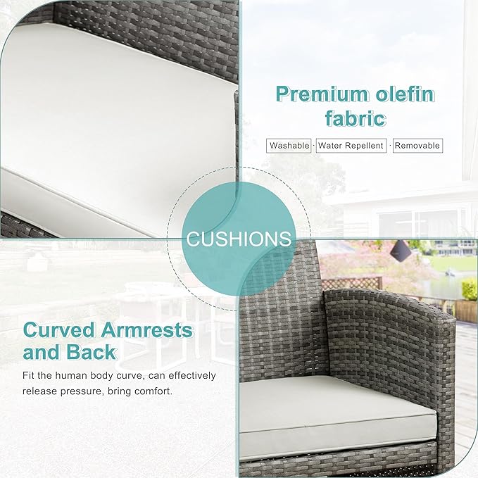 SUNLEI 4 Piece Outdoor Patio Furniture Set, Rattan Chair Wicker Conversation Set, Backyard Porch Garden Poolside Gray Rattan Sofa Chair with Cushion for Outdoor Indoor Use (White)