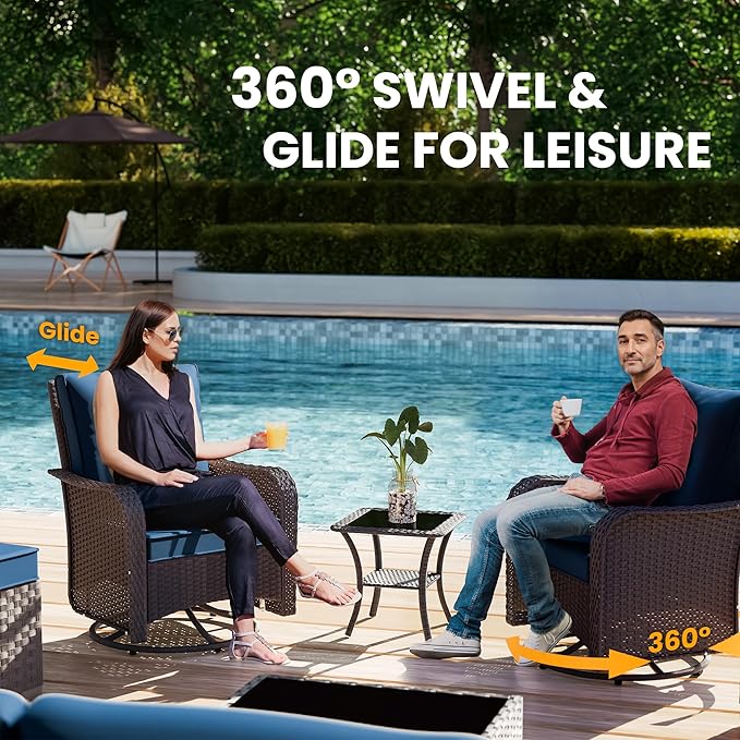 11 Pieces Outdoor Patio Furniture Set,Outdoor Sectional Furniture with 45" 55000 BTU Gas Propane Fire Pit Table,PE Rattan Wicker Patio Conversation Set,Swivel Rocking Chairs Set,Navy Blue