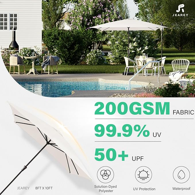 JEAREY 8x10 ft Rectangular Patio Umbrellas Outdoor Table Market Umbrella w/Crank, 8 Sturdy Ribs, UV Protection Windproof Sunproof for Garden, Deck, Backyard, Pool(Cream White)