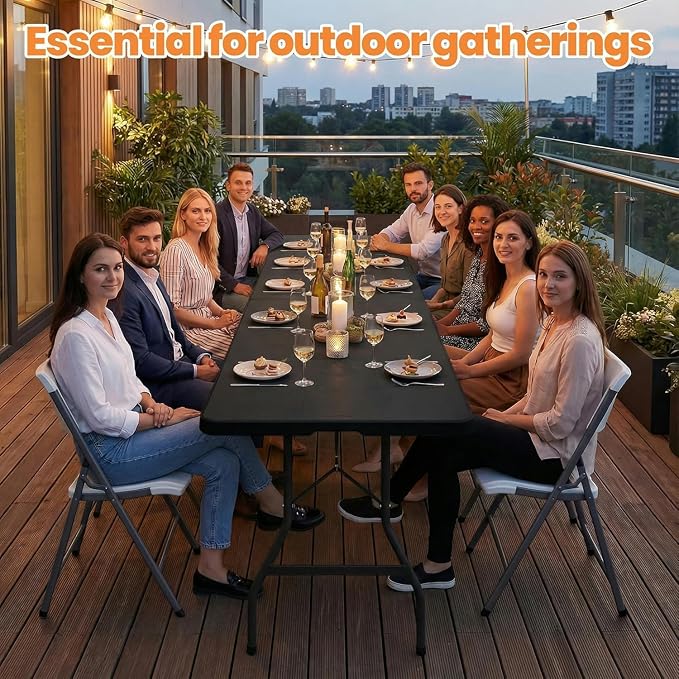 8 FT Black Plastic Folding Table Chairs Set, Portable Foldable Table with 10 Black Folding Chairs for Picnic, Event, Game, Camping, Dining, at Home and Commercial Use