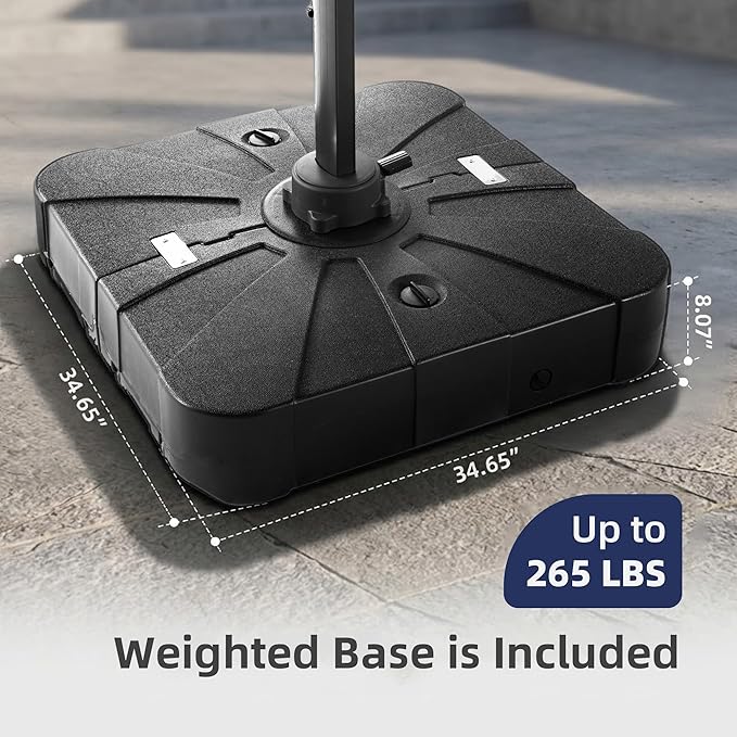 9x12 FT Patio Umbrella with Weighted Base and LED Lights Cantilever Outdoor Large Heavy Duty Rectangle Aluminum Offset Umbrellas Double Top 360 Rotation for Pool Deck Garden, Black
