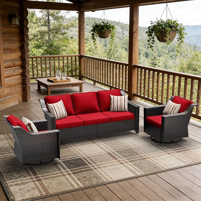 3 Pieces Patio Conversation Furniture Set - 1 Sofa, 2 Swivel Chairs, Outdoor Wicker Furniture with Removable Cushions for Porch, Balcony, Sunroom (Red)