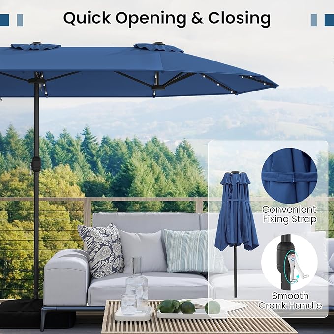 Tangkula 13FT Double-Sided Solar Patio Umbrella, Extra-Large Outdoor Twin Umbrella with 36 LED Lights, Vented Top, Crank Handle, 12 Ribs, Weighted Base Included for Backyard Poolside Deck (Navy)