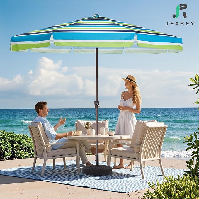 JEAREY 9 FT Patio Umbrella Outdoor, Table Umbrellas Market Umbrella w/Push Button Tilt/Crank, 8 Sturdy Ribs(Blue Green Striped)