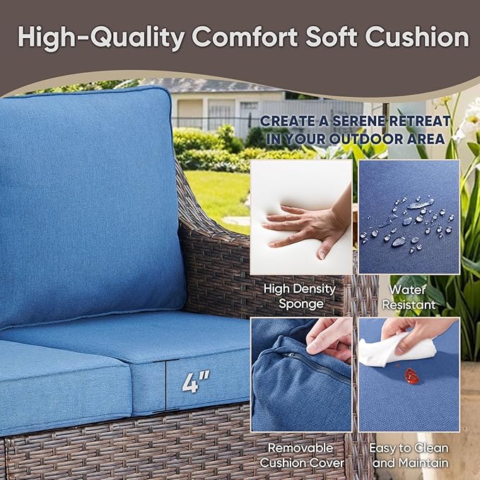 5 Pieces Wicker Patio Furniture Set-Outdoor High Back Sofa with Rattan Wicker Chairs Outdoor Furniture for Porch Garden Backyard Poolside-Brown/Blue