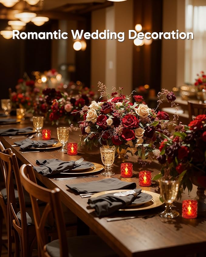 Homemory 2" x 2" Acrylic Votive Candle Holders with Auto Timer Flameless Led Tealight, Battery Powered Fake Electric Candles for Wedding Centerpiece, Table, Christmas Decor (12Pack, Red Base)