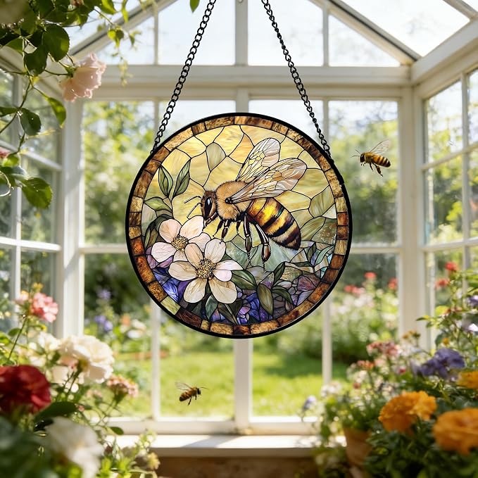 Stained Glass Window Hanging, Vintage Bee Yellow Flower Sun Catcher for Window Door Home Decor Suncatcher Christmas Mother's Day Birthday Gifts for Women Men Mom and Nana 6.3 in