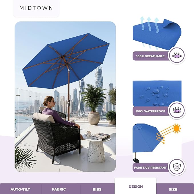 Midtown Umbrellas Wooden 2-8 Ft Patio Umbrella with 360° Swivel & Tilt Mechanism, 8 Fiberglass Ribs & Sunbrella Fabric - Outdoor Umbrella for Deck, Pool & Garden - Burgundy Canopy, Wooden Pole