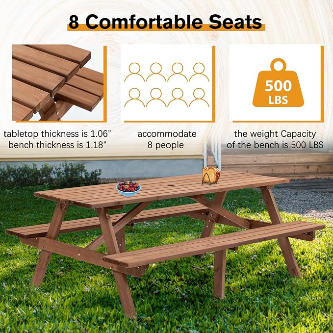 KEIKI 8-Person Wooden Picnic Table, Outdoor Camping Dining Table with 2 Built-in Benches, Patio Table with Umbrella Hole for Backyard, Garden, Camping, 2220lb Capacity, Brown