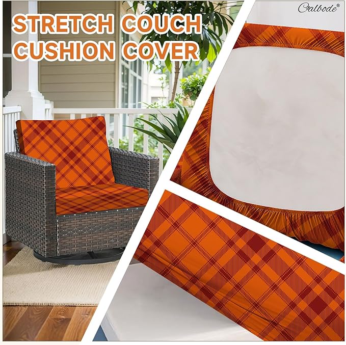 CALBODE 8Pcs Stretch Cushion Covers Outdoor Cushion Cover Replacement Slipcovers Grid Chair Seat Covers for Indoor Patio Furniture Protector(Orange Plaid, CoverOnly)