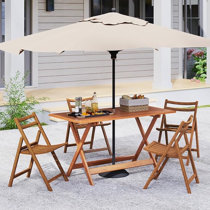 Outdoor Dining Table, Solid Wood Long Outdoor Tables with 2" Umbrella Hole & X-Shaped Support Legs, Patio Table for Porch Balcony Deck Garden Yard, Teak Oil Finish