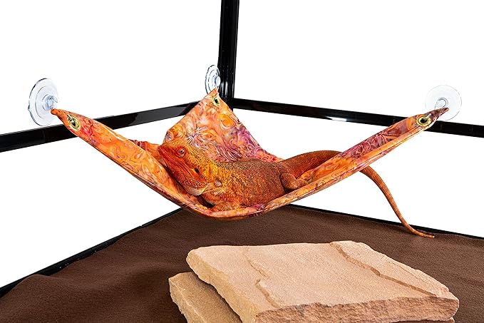 Hammock for Bearded Dragons, Orange Red Lavendar Batik Fabric with Suction Cup Hooks