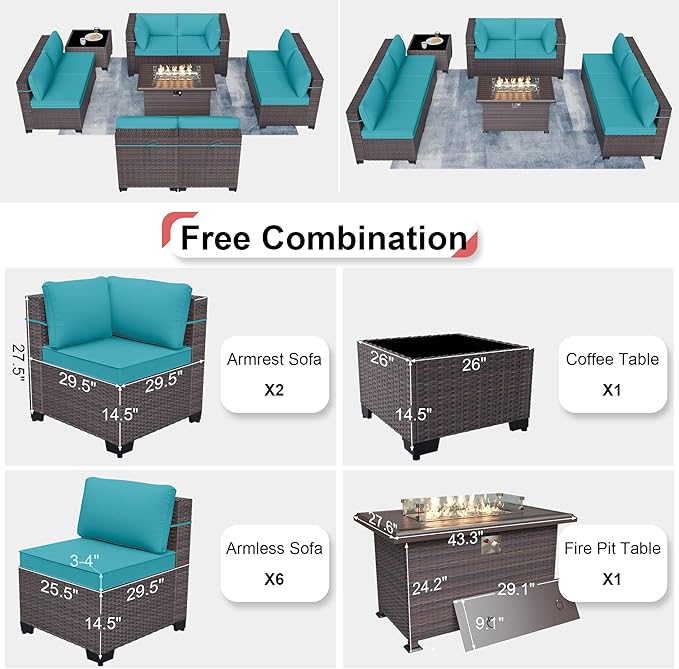 Patio Furniture Sectional Sofa 10PCS PE Rattan Patio Conversation Set w/43in Gas Fire Pit Table, Patio Outdoor Furniture with 4 Inch Thickened Cushions and Glass Coffee Tables, Blue