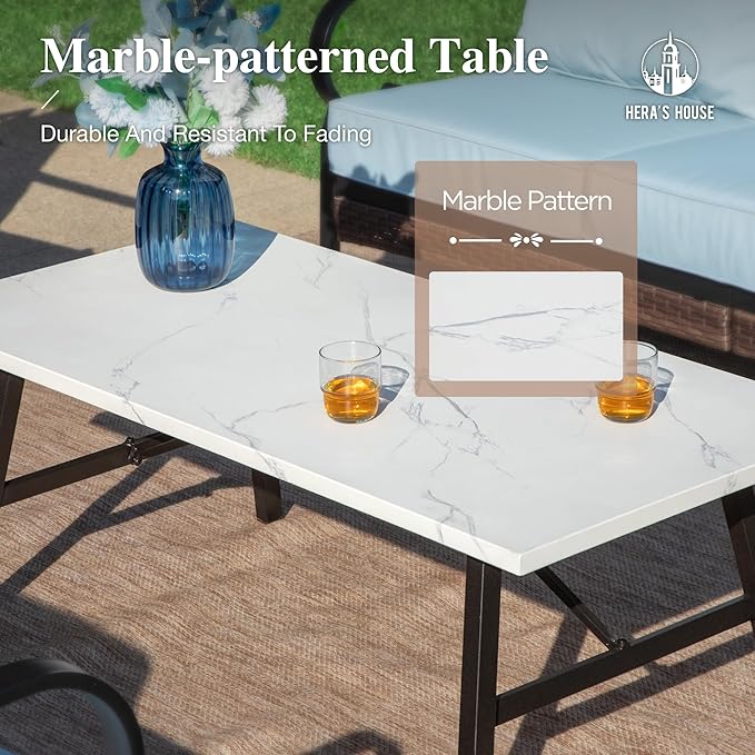 HERA'S HOUSE 6 Piece Metal Patio Furniture Set, All Weather Outdoor Conversation Set with 3-Seat Sofa, 4 Fixed Chairs & Coffee Table, 7 Seats for Backyard, Garden, Deck, Blue
