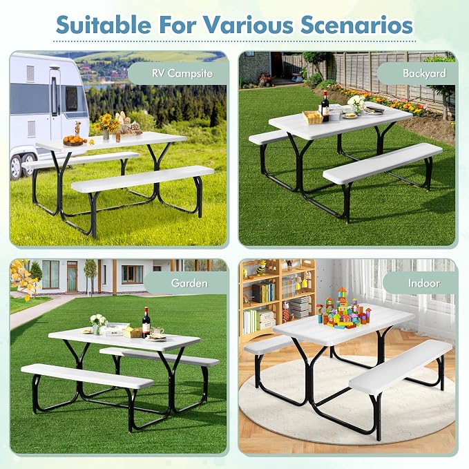 MEDIMALL Picnic Table, Portable Picnic Tables with Benches, Plastics Picnic Table Bench Set with Metal Frame & All Weather Tabletop, Large Camping Picnic Table for Outdoors, Backyard, Garden (White)