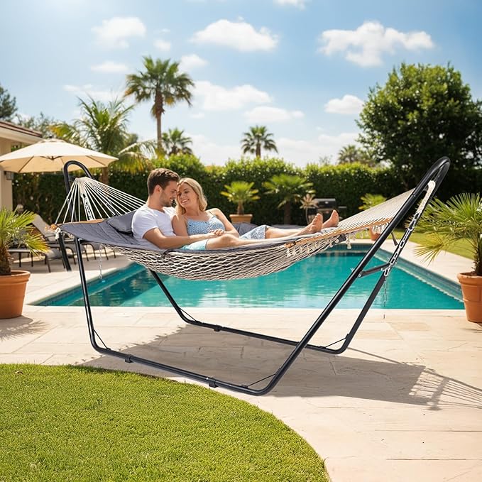 ONCLOUD Double Hammock with Stand for Outside, Rope Hammock with Pillow and Pad, Heavy Duty Hammock Set for Backyard, 550 LBS (Grey)