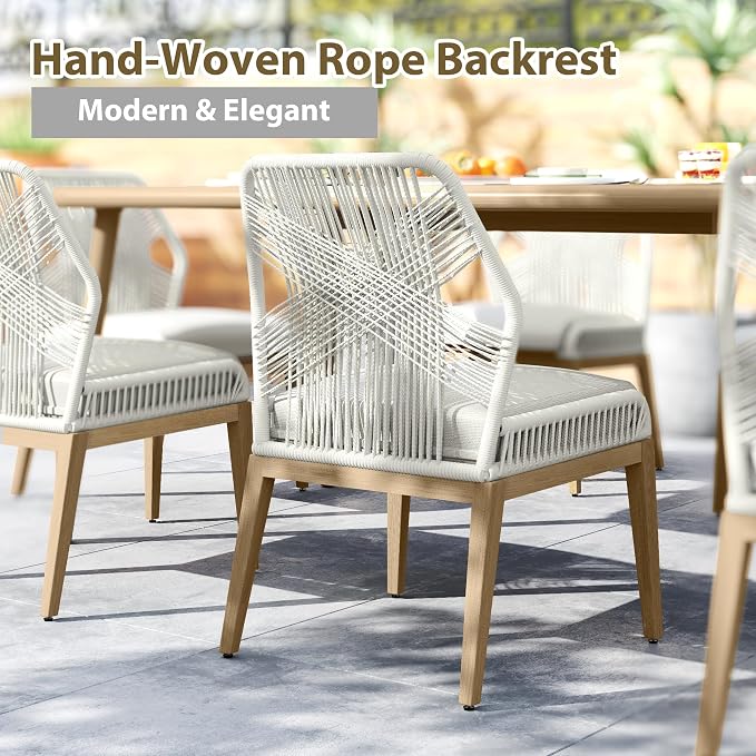 HAPPATIO Outdoor Dining Sets for 8, 9-Piece Patio Table and Chairs Set, Rope Woven Chairs with Cushions, Wood-Grain Aluminum Frame Patio Dining Set for Outside, Lawn, Garden, Backyard